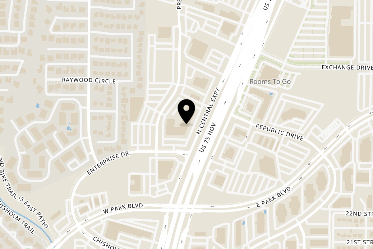 Map showing the location of The Port of Peri Peri Plano TX on 2301 N Central Expy Suite 165 in Plano